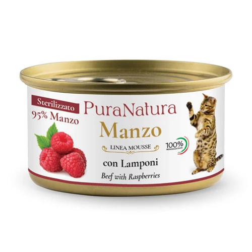 Pura Natura Dalla Grana umido MOUSSE gatto sterilizzato manzo e lamponi 85g