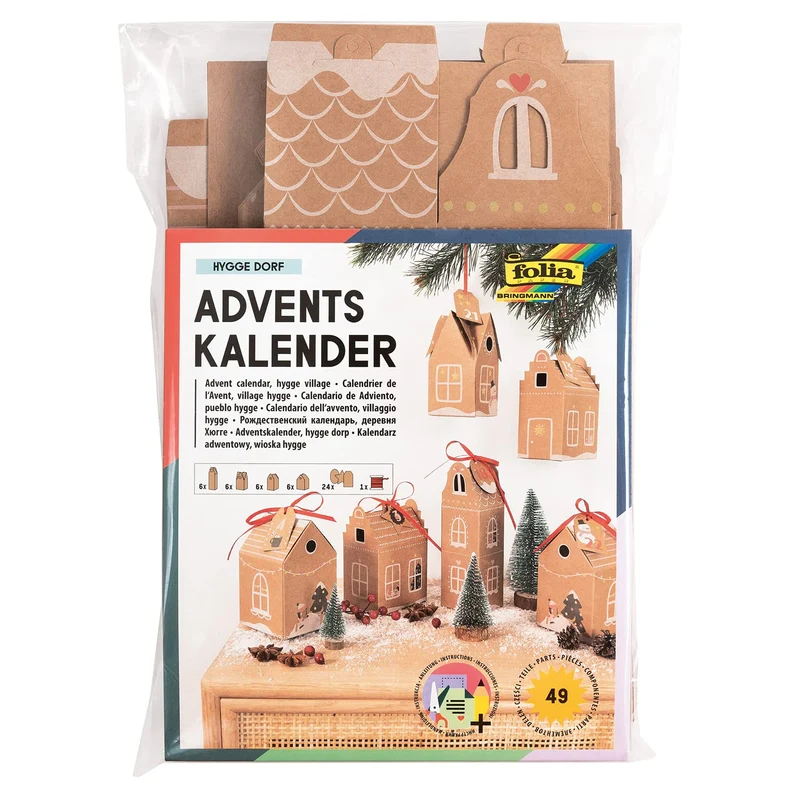 folia Hygge Dorf,9385,calendario dell'Avvento fai da te,set fai da te, scatole da riempire,24 casette da appendere o appoggiare,come regalo e decorazione natalizia speciale, riutilizzabili,multicolore