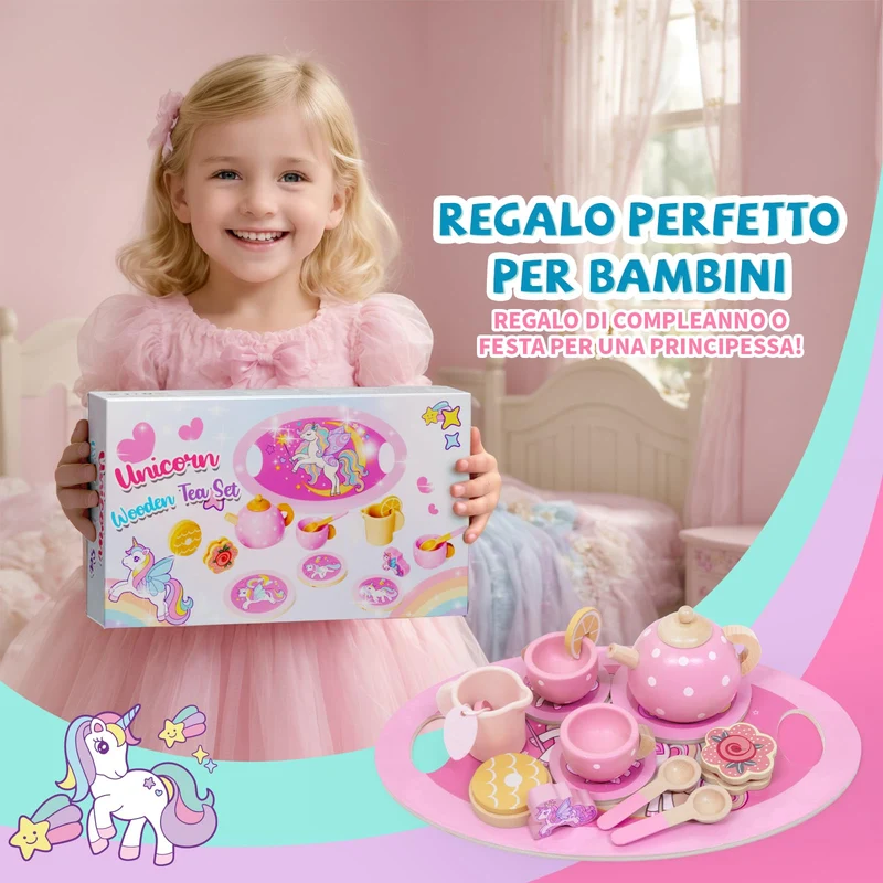 Unicorno Set da Tè Giochi in Legno, Accessori Cucina Bambini Legno, Gioco Ruolo Tea Party Montessori Educativo, Unicorno Bambina Regalo 2 3 4 5 6 Anni, Giocattoli Giochi Bambina Bimba 2 3 4 5 6 Anni