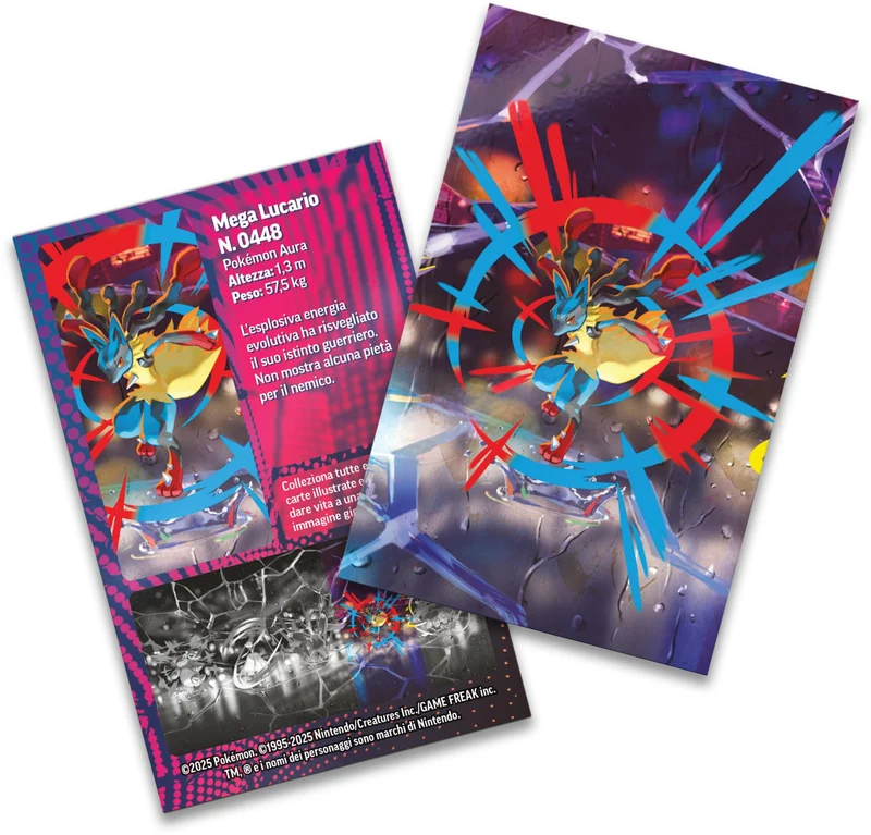 Pokémon: miniscatola da collezione Megaeroi (Mega Lucario) del GCC Pokémon (un foglio di adesivi, una carta con l’illustrazione della miniscatola e due buste di espansione)