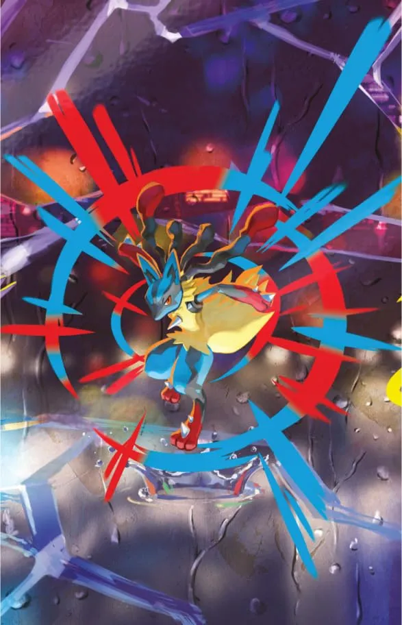 Pokémon: miniscatola da collezione Megaeroi (Mega Lucario) del GCC Pokémon (un foglio di adesivi, una carta con l’illustrazione della miniscatola e due buste di espansione)