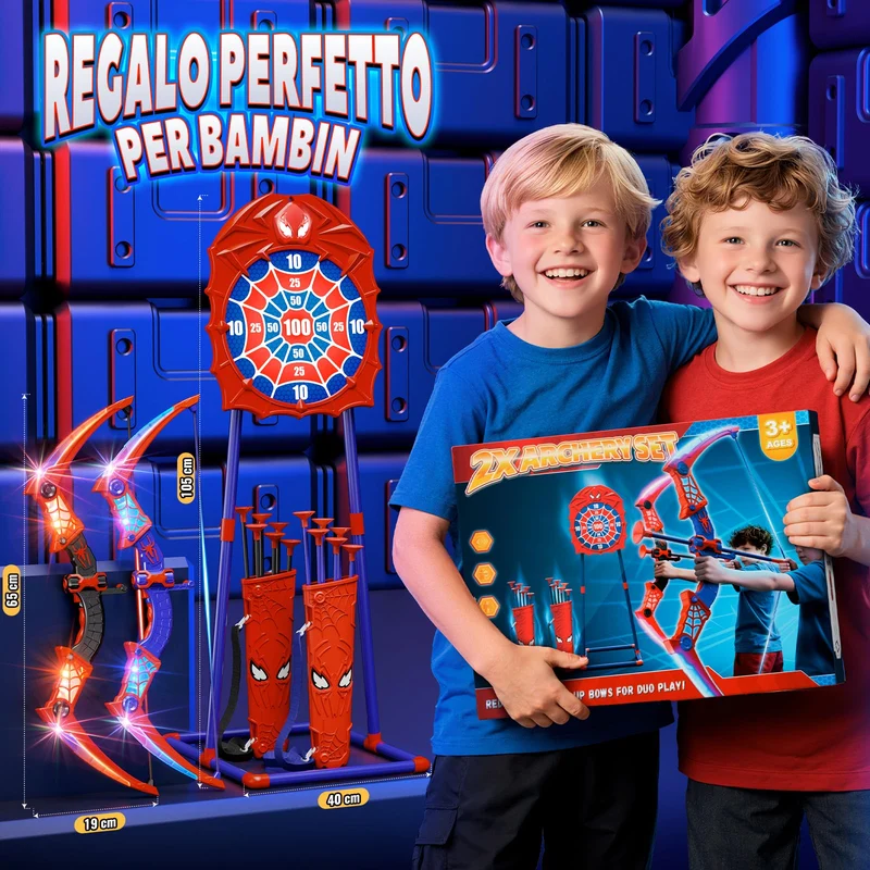 Giocattoli per 3-12 Anni Bambino, 2 Arco e Freccia Ragno con Luci LED Rosse e Blu, Bersaglio a Forma, 2 Ragno Faretre, Gioco Bambino 3-9, Giochi Bambini Regalo Bambino 3 4 5 6 7 8 9 10 Anni Maschio