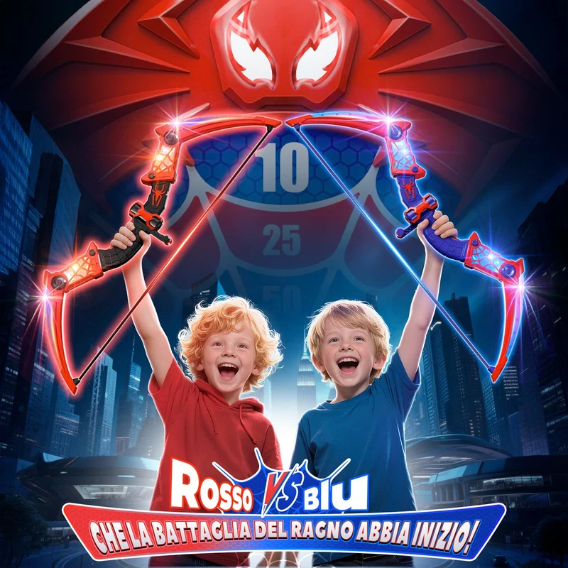 Giocattoli per 3-12 Anni Bambino, 2 Arco e Freccia Ragno con Luci LED Rosse e Blu, Bersaglio a Forma, 2 Ragno Faretre, Gioco Bambino 3-9, Giochi Bambini Regalo Bambino 3 4 5 6 7 8 9 10 Anni Maschio
