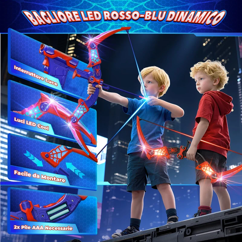 Giocattoli per 3-12 Anni Bambino, 2 Arco e Freccia Ragno con Luci LED Rosse e Blu, Bersaglio a Forma, 2 Ragno Faretre, Gioco Bambino 3-9, Giochi Bambini Regalo Bambino 3 4 5 6 7 8 9 10 Anni Maschio