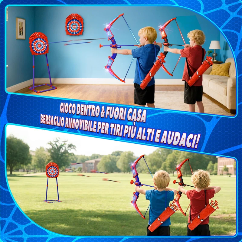 Giocattoli per 3-12 Anni Bambino, 2 Arco e Freccia Ragno con Luci LED Rosse e Blu, Bersaglio a Forma, 2 Ragno Faretre, Gioco Bambino 3-9, Giochi Bambini Regalo Bambino 3 4 5 6 7 8 9 10 Anni Maschio