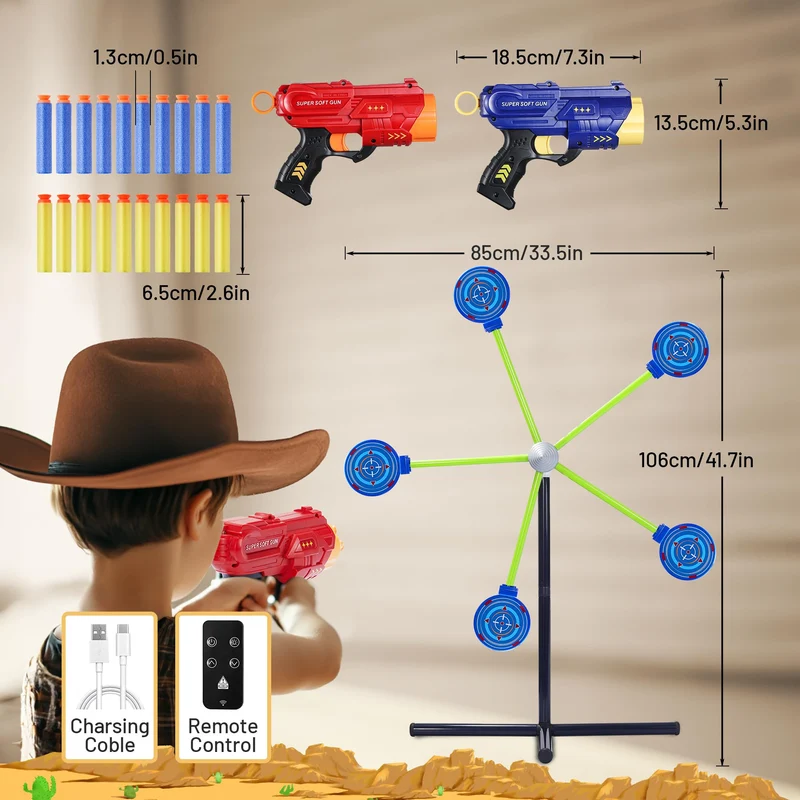 fygurso Gioco di tiro a due giocatori, pistola da gioco a freccette di schiuma con bersaglio rotante a reset automatico, bambini dai 4 ai 10 anni e oltre