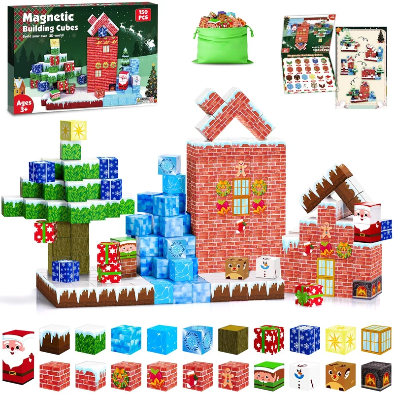 ECHOBUY Costruzioni Magnetiche Natale, 150 Pezzi Blocchi Magnetic per Bambini Giochi Cubi Magnetic Building Blocks dai 3+ Giocattoli Montessori STEM Regali di Natale