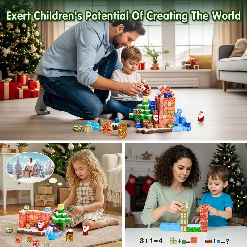 ECHOBUY Costruzioni Magnetiche Natale, 150 Pezzi Blocchi Magnetic per Bambini Giochi Cubi Magnetic Building Blocks dai 3+ Giocattoli Montessori STEM Regali di Natale
