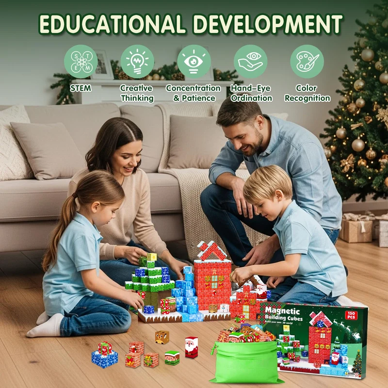 ECHOBUY Costruzioni Magnetiche Natale, 150 Pezzi Blocchi Magnetic per Bambini Giochi Cubi Magnetic Building Blocks dai 3+ Giocattoli Montessori STEM Regali di Natale