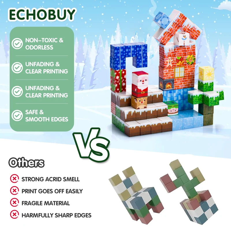 ECHOBUY Costruzioni Magnetiche Natale, 150 Pezzi Blocchi Magnetic per Bambini Giochi Cubi Magnetic Building Blocks dai 3+ Giocattoli Montessori STEM Regali di Natale