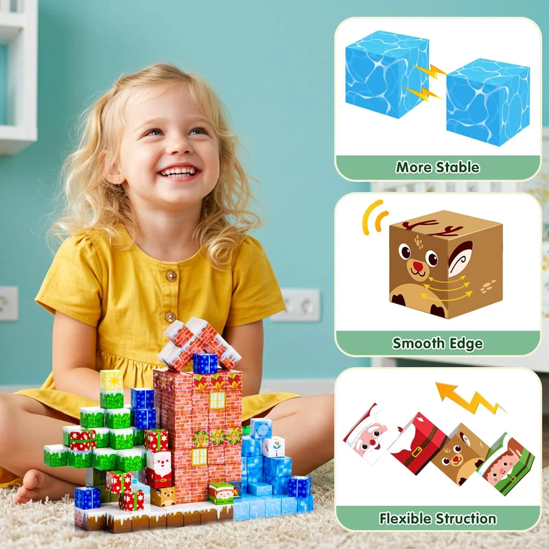 ECHOBUY Costruzioni Magnetiche Natale, 150 Pezzi Blocchi Magnetic per Bambini Giochi Cubi Magnetic Building Blocks dai 3+ Giocattoli Montessori STEM Regali di Natale