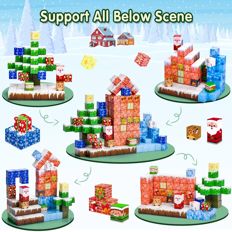 ECHOBUY Costruzioni Magnetiche Natale, 150 Pezzi Blocchi Magnetic per Bambini Giochi Cubi Magnetic Building Blocks dai 3+ Giocattoli Montessori STEM Regali di Natale