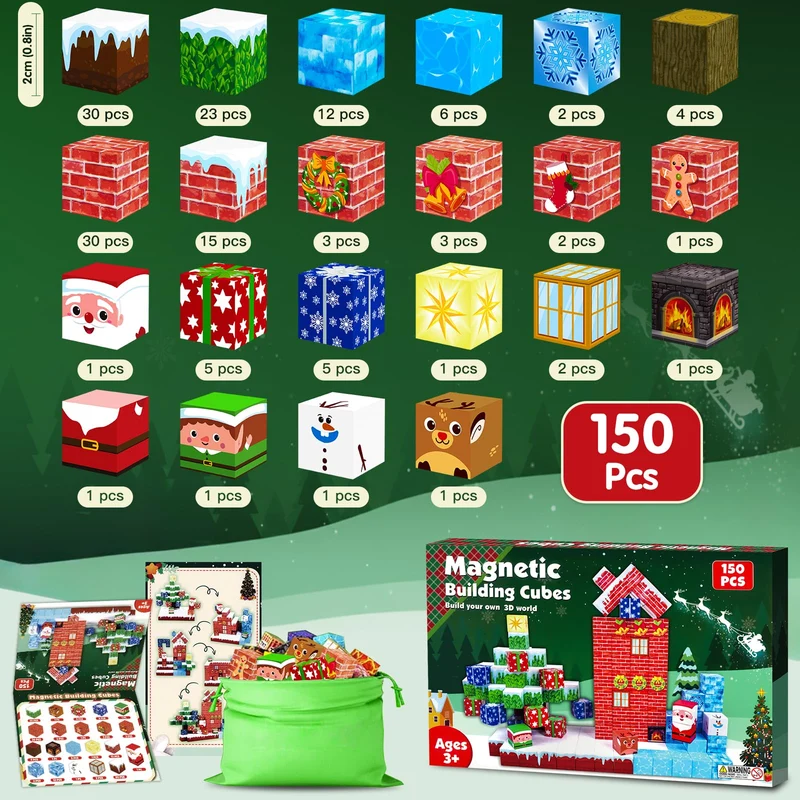 ECHOBUY Costruzioni Magnetiche Natale, 150 Pezzi Blocchi Magnetic per Bambini Giochi Cubi Magnetic Building Blocks dai 3+ Giocattoli Montessori STEM Regali di Natale