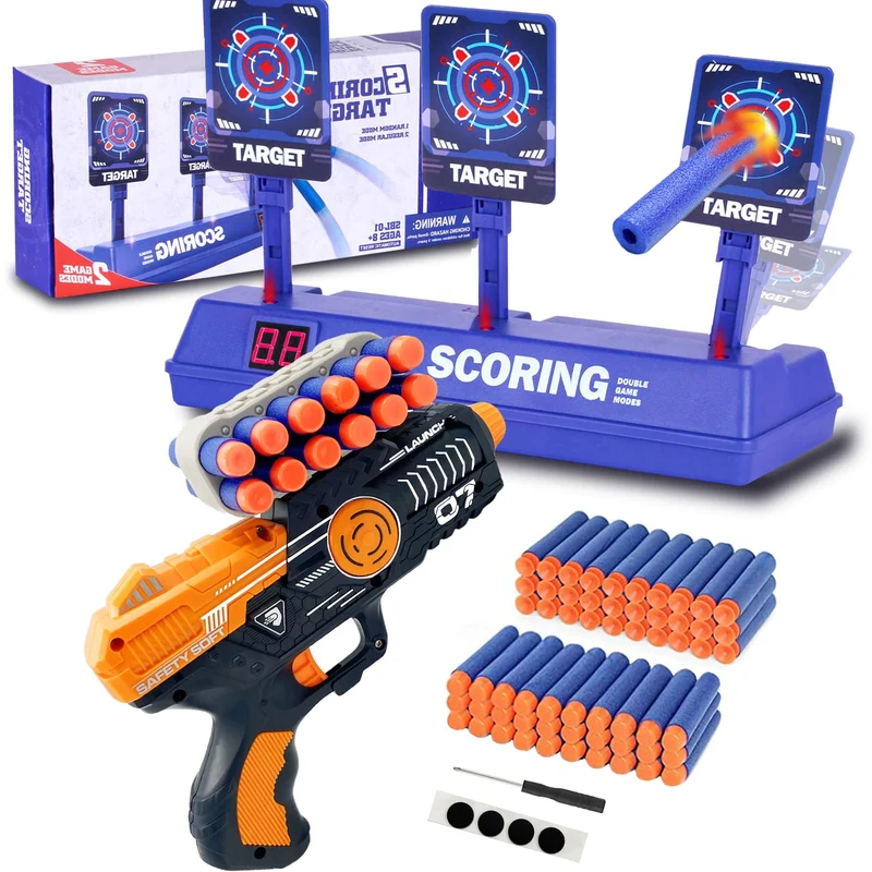 FOR21JOYS Pistola giocattolo e bersaglio per nerf, bersaglio con pistola e 60 freccette, regalo di compleanno, giocattolo per 6, 7, 8, 9, 10 anni