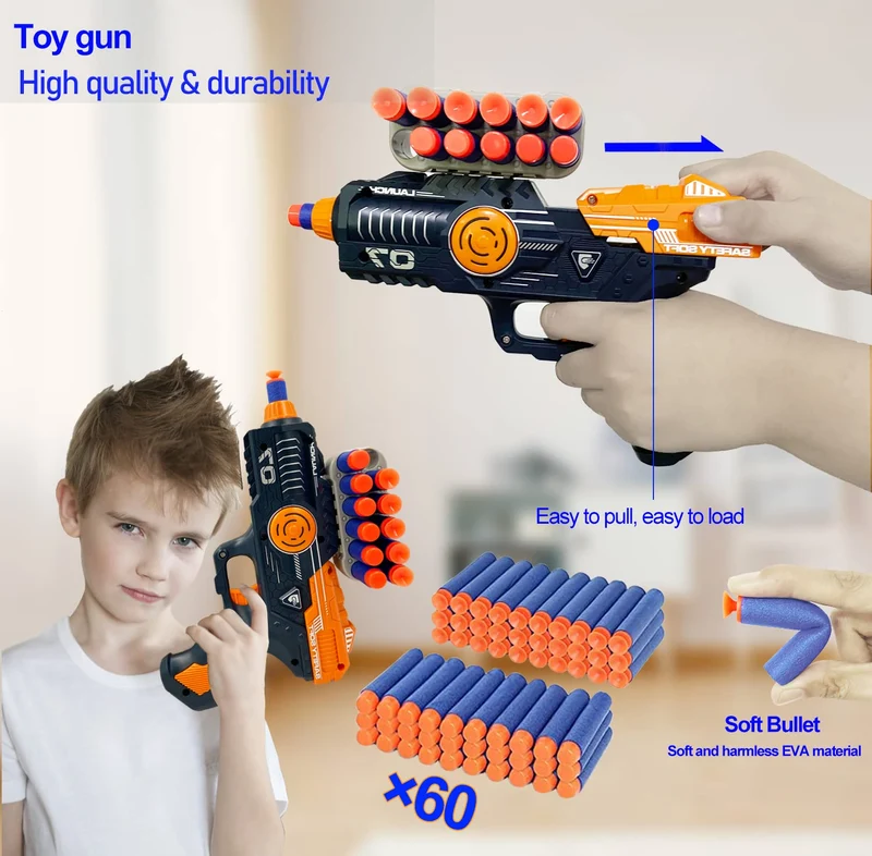 FOR21JOYS Pistola giocattolo e bersaglio per nerf, bersaglio con pistola e 60 freccette, regalo di compleanno, giocattolo per 6, 7, 8, 9, 10 anni
