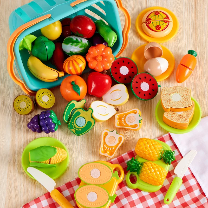 JOYIN 68 Pezzi Giocattolo da Taglio per Cucina per Bambini, Cibo Finto per Cucina da Gioco, Include Frutta e Verdura in Plastica, Cesto Portaoggetti, Giocattoli Finti, Regali per Bambini