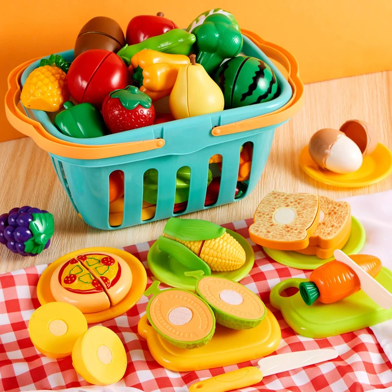 JOYIN 68 Pezzi Giocattolo da Taglio per Cucina per Bambini, Cibo Finto per Cucina da Gioco, Include Frutta e Verdura in Plastica, Cesto Portaoggetti, Giocattoli Finti, Regali per Bambini