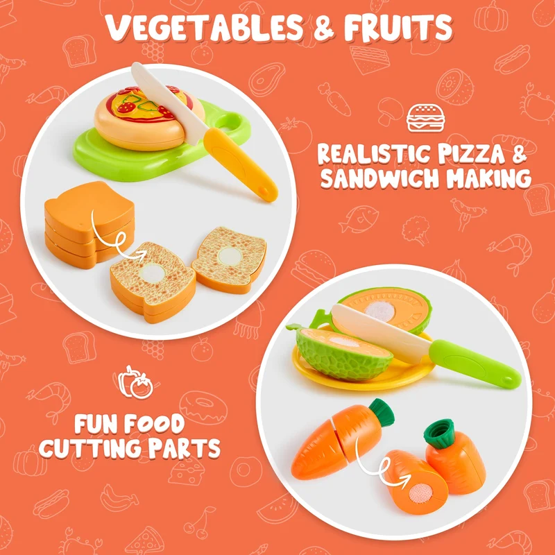 JOYIN 68 Pezzi Giocattolo da Taglio per Cucina per Bambini, Cibo Finto per Cucina da Gioco, Include Frutta e Verdura in Plastica, Cesto Portaoggetti, Giocattoli Finti, Regali per Bambini