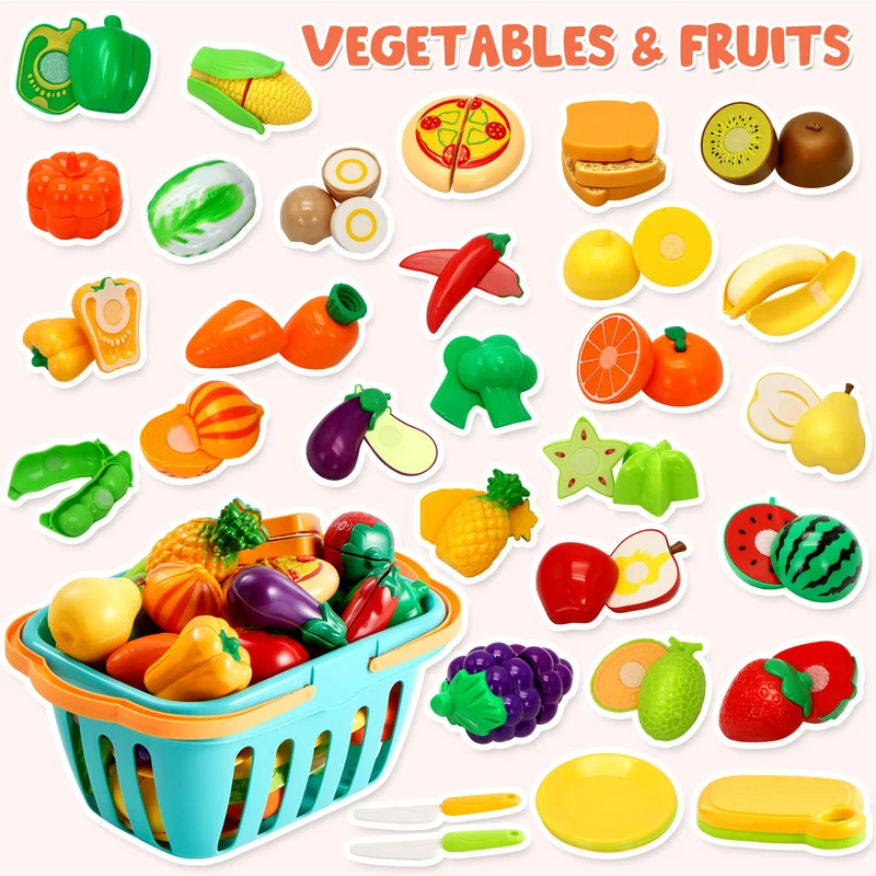 JOYIN 68 Pezzi Giocattolo da Taglio per Cucina per Bambini, Cibo Finto per Cucina da Gioco, Include Frutta e Verdura in Plastica, Cesto Portaoggetti, Giocattoli Finti, Regali per Bambini