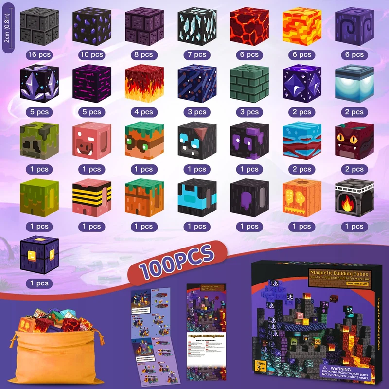 ECHOBUY Costruzioni Magnetiche, 100 Pezzi Giochi Cubi Magnetici, Blocchi Magnetic per Bambini Magnetic Building Blocks dai 3+ Giocattoli Montessori STEM Regali per Ragazzi e Ragazze