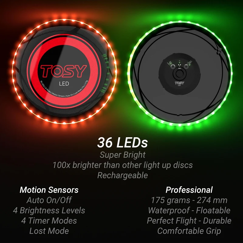 TOSY Disco volante - 16 milioni di colori RGB o 36 LED, estremamente luminoso, modalità intelligenti, illuminazione automatica, ricaricabile, compleanno, regalo di Natale per bambini, frisbee da 175 g