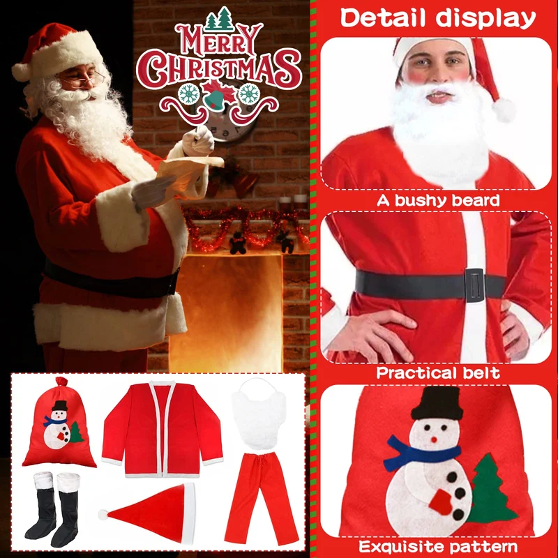NEMMXUB 7 Pezzi Costume da Babbo Natale Abito da Santa Claus in Rosso Deluxe Costume Babbo Natale Uomo Adulto Costume di Natale, Set per Costume di Babbo Natale o San Nicola per Natale,Festa a Tema