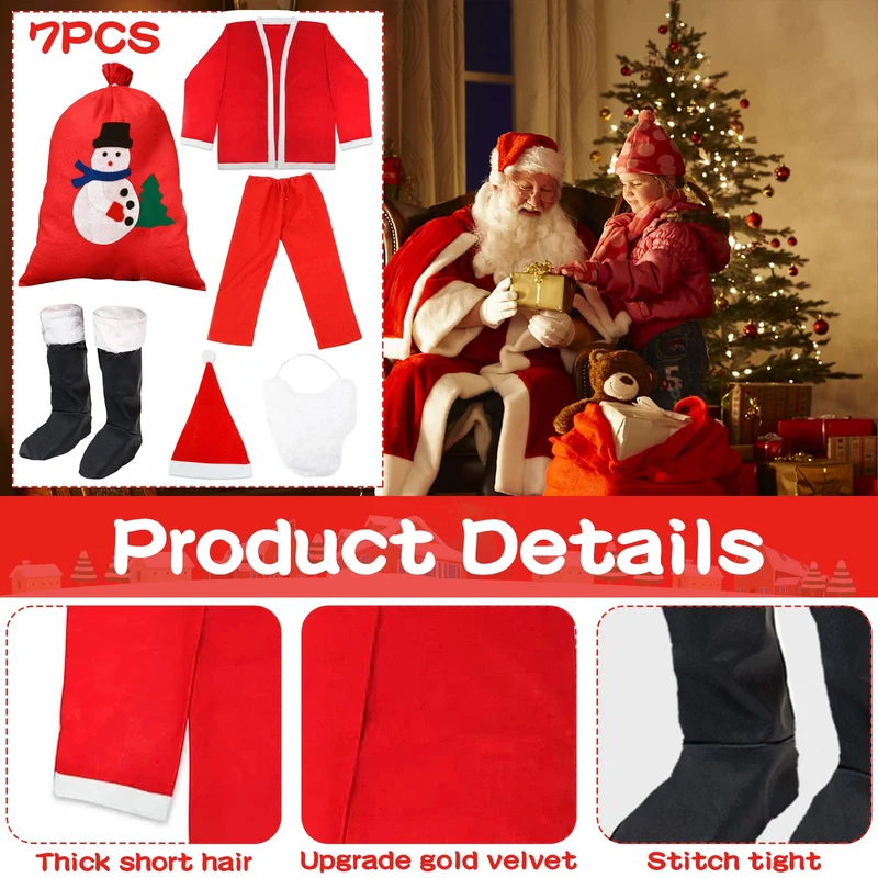 NEMMXUB 7 Pezzi Costume da Babbo Natale Abito da Santa Claus in Rosso Deluxe Costume Babbo Natale Uomo Adulto Costume di Natale, Set per Costume di Babbo Natale o San Nicola per Natale,Festa a Tema