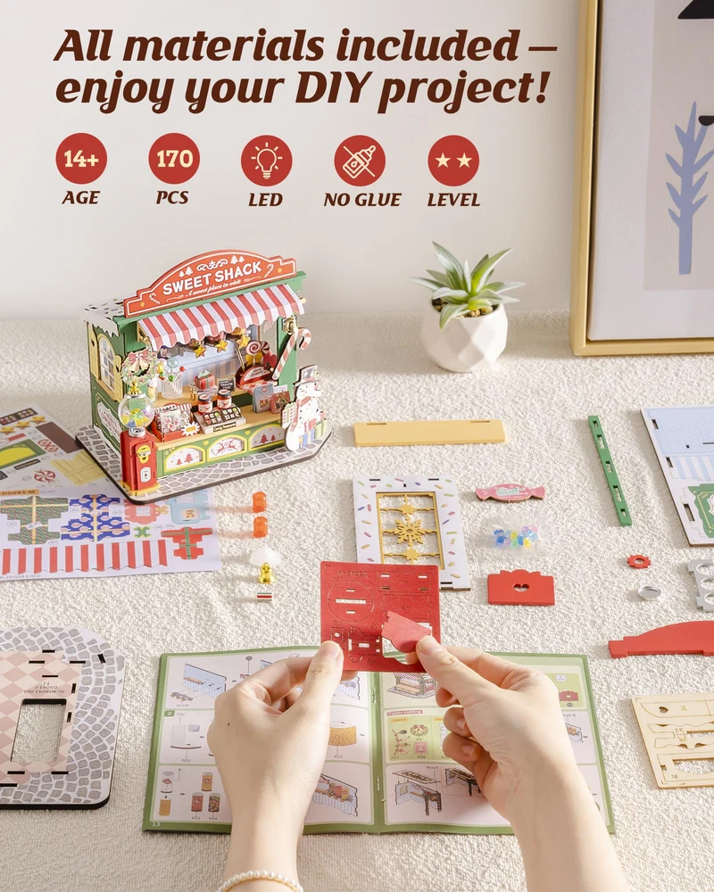 ROBOTIME Kit Casa delle Bambole in Miniatura DIY-Casa di Dolci di Natale, Kit Modello in Legno con Luci LED, Modellismo da Costruire Adulti, Decorazione per la Casa e Regalo di Natale