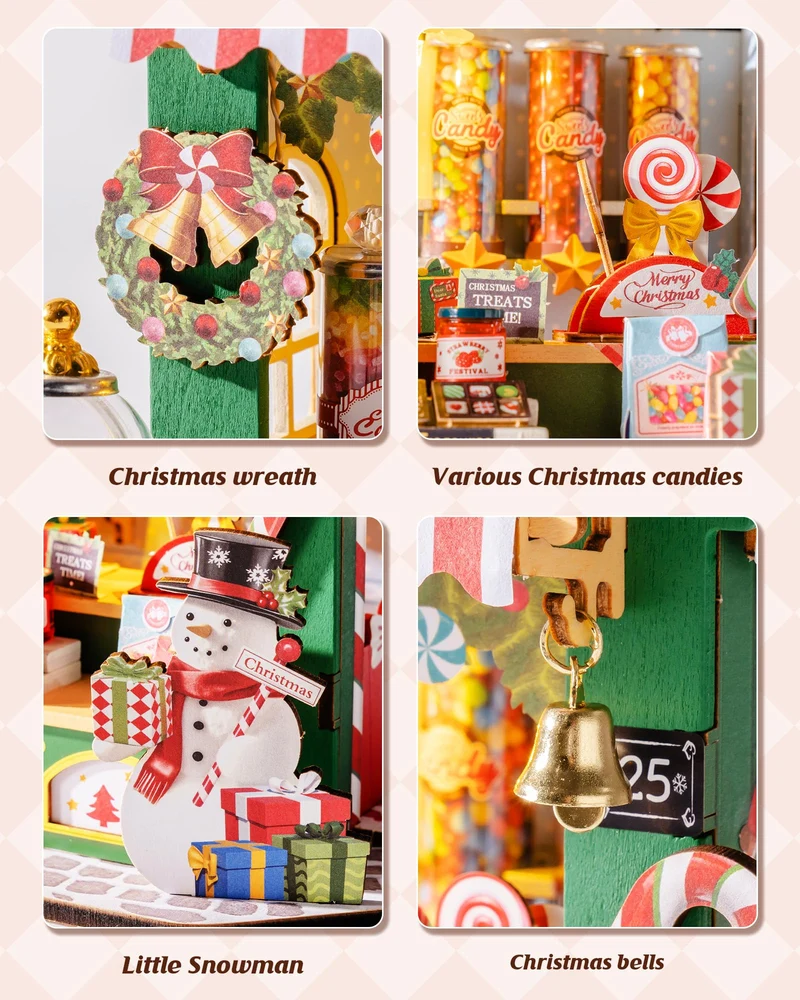 ROBOTIME Kit Casa delle Bambole in Miniatura DIY-Casa di Dolci di Natale, Kit Modello in Legno con Luci LED, Modellismo da Costruire Adulti, Decorazione per la Casa e Regalo di Natale