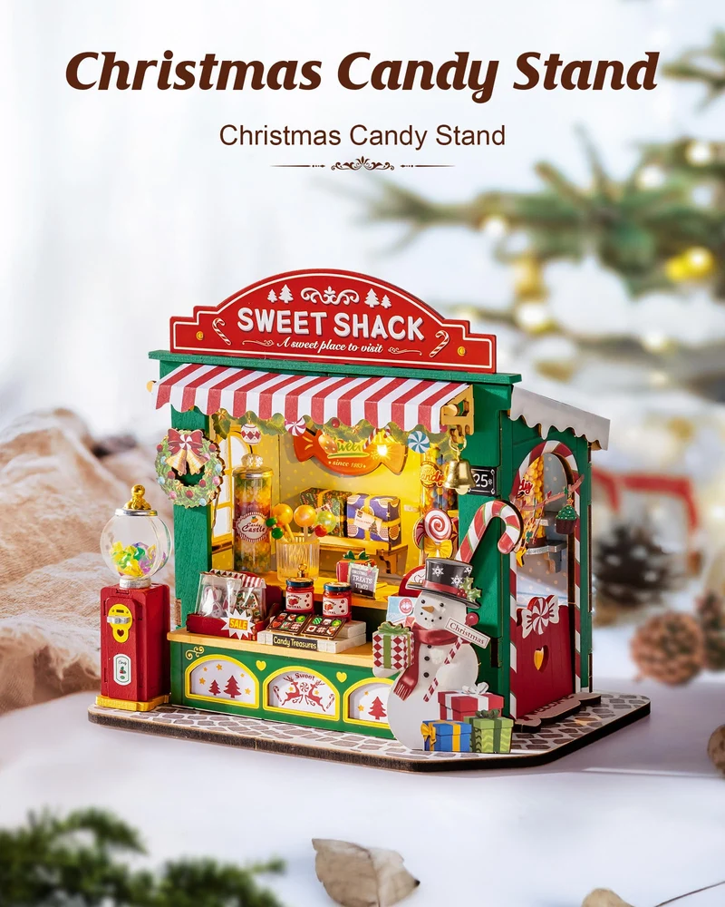 ROBOTIME Kit Casa delle Bambole in Miniatura DIY-Casa di Dolci di Natale, Kit Modello in Legno con Luci LED, Modellismo da Costruire Adulti, Decorazione per la Casa e Regalo di Natale