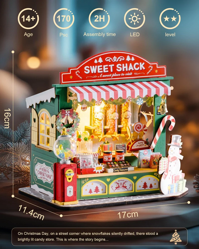 ROBOTIME Kit Casa delle Bambole in Miniatura DIY-Casa di Dolci di Natale, Kit Modello in Legno con Luci LED, Modellismo da Costruire Adulti, Decorazione per la Casa e Regalo di Natale