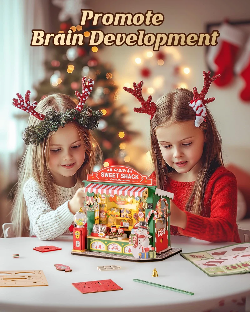 ROBOTIME Kit Casa delle Bambole in Miniatura DIY-Casa di Dolci di Natale, Kit Modello in Legno con Luci LED, Modellismo da Costruire Adulti, Decorazione per la Casa e Regalo di Natale