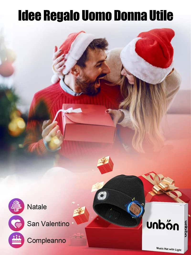 UNBON Regalo Uomo, Regali Natale Originali, Idee Regalo Natale 2025, Regali Uomo papà per Lui Compleanno Anniversario Secret Santa, Gadget Tecnologici Utili, Cappello Berretto Bluetooth con Luce LED