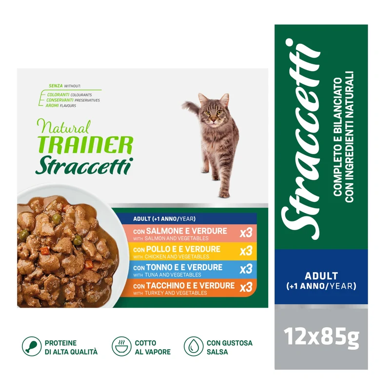 Natural Trainer Cat Adult Straccetti Salmone Pollo Tonno E Tacchino 12X85 G