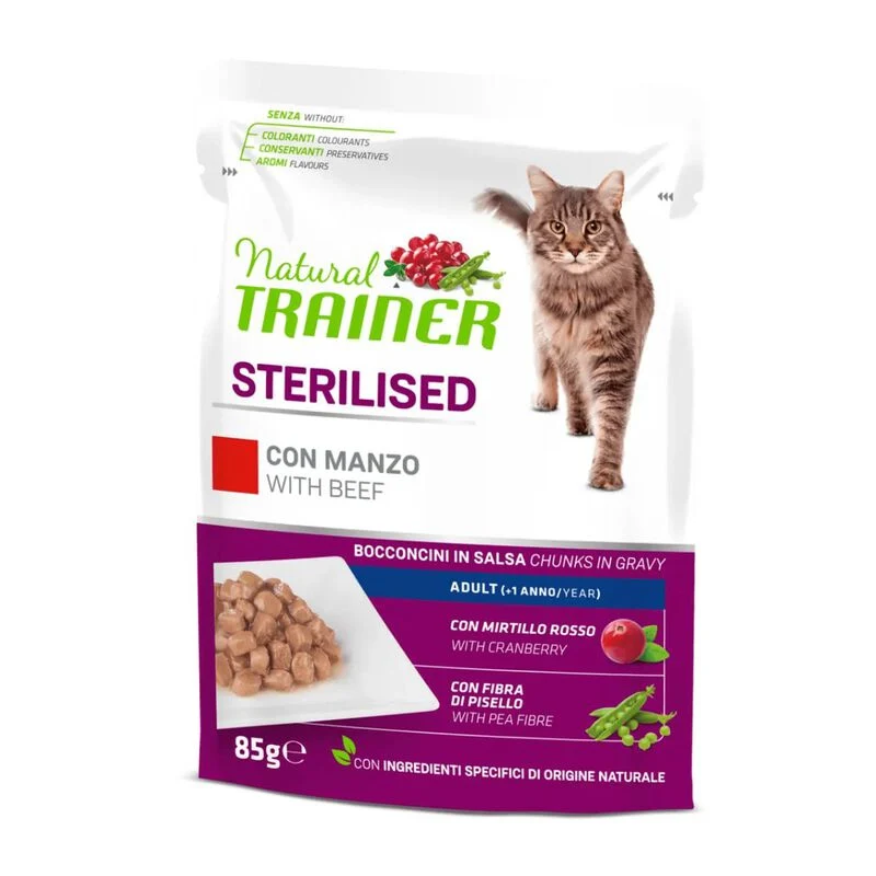 Natural Trainer Cat Steril Straccetti Con Manzo 85 G