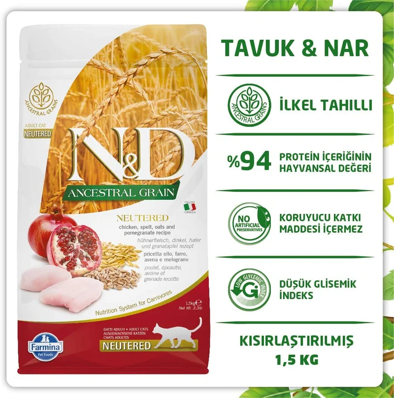 Farmina Nd Ancestral Grain Feline Chicken Pomegranate Neutered Gatto 1,5 Kg