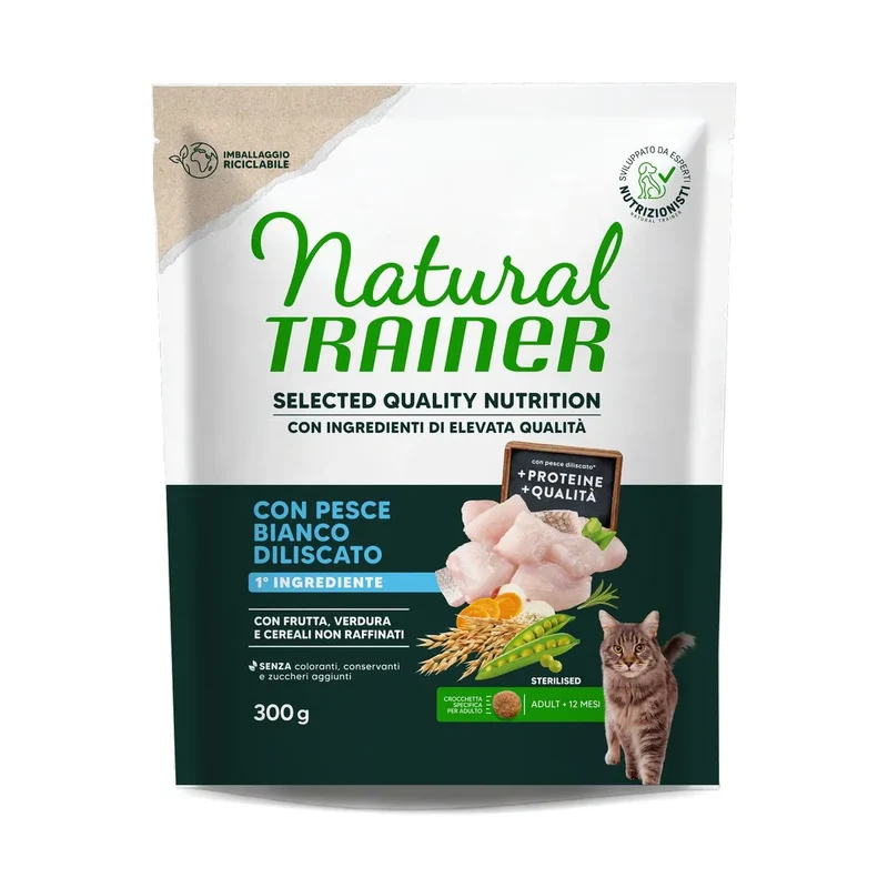 Natural Trainer Selected Quality Nutrition Adult Sterilised Con Pesce Bianco Diliscato Gatto 300 Gr 0,3 Kg / 300 Gr