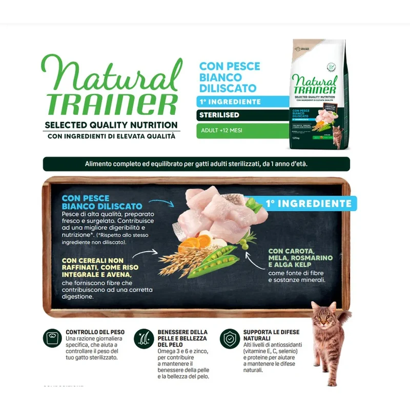 Natural Trainer Selected Quality Nutrition Adult Sterilised Con Pesce Bianco Diliscato Gatto 300 Gr 0,3 Kg / 300 Gr