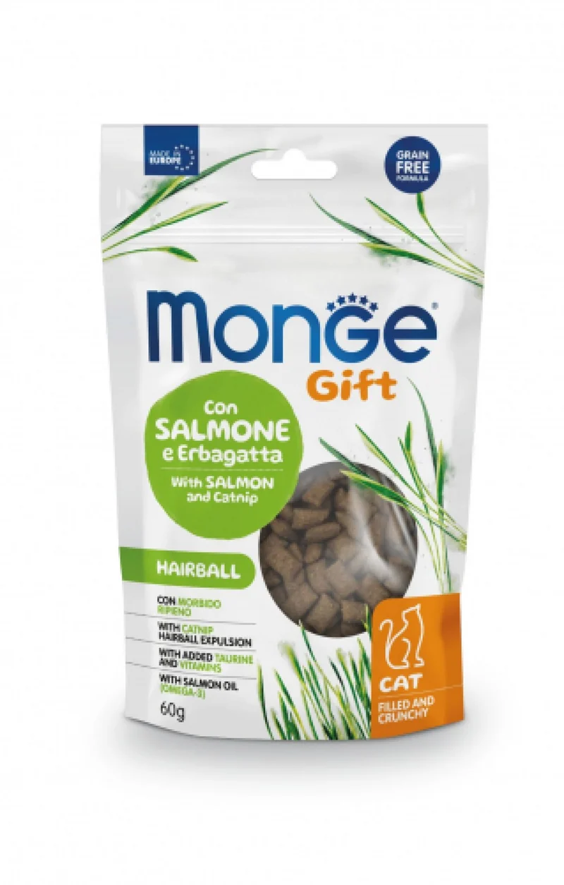 Monge Gift Hairball Gatto Con Salmone Ed Erba Gatta Filled And Crunchy 60 G