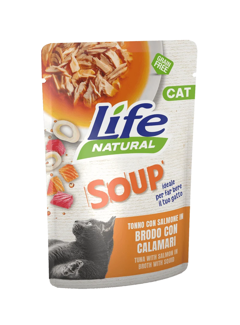 Life Umido Gatto Soup Tonno Salmone in Brodo con Calamari 60gr