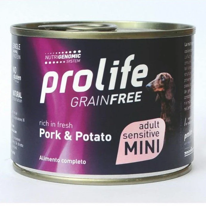 48x200g Prolife Grain Free Adult Mini Sensitive Maiale Patate Cane