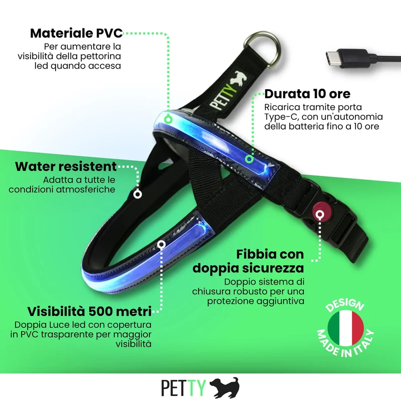 Petty Pettorina Norvegese LED Verde XS - Sicurezza Estrema 500m