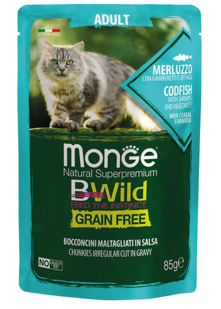28x85g Monge BWild Grain Free Gatto Merluzzo Gamberetti Ortaggi