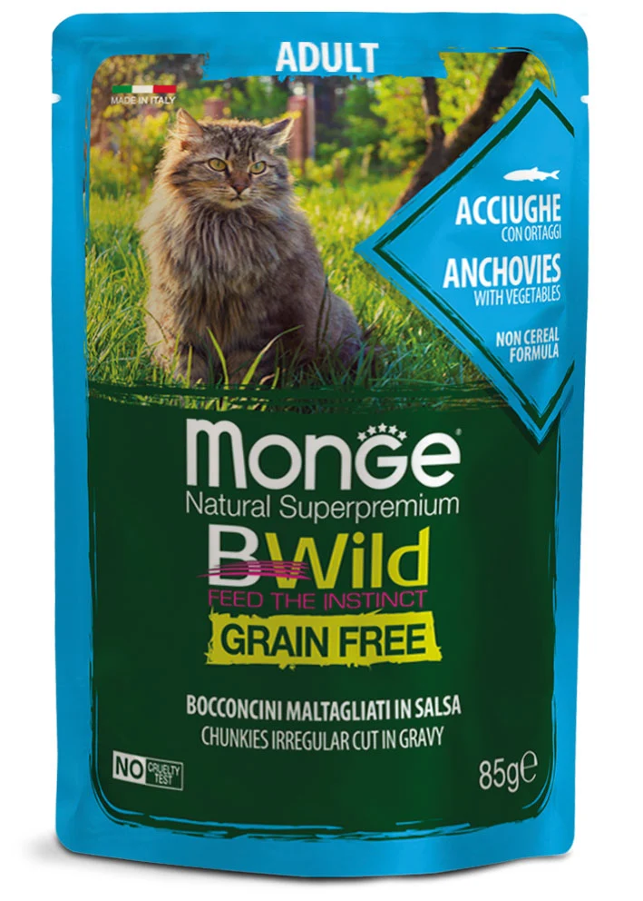14x85g Monge BWild Grain Free Acciughe Ortaggi - Umido Gatto Adulto