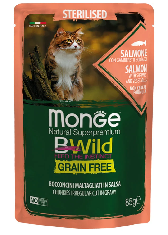 14x85g Monge BWild Grain Free Sterilised Salmone Gamberetti Ortaggi - Umido Gatto