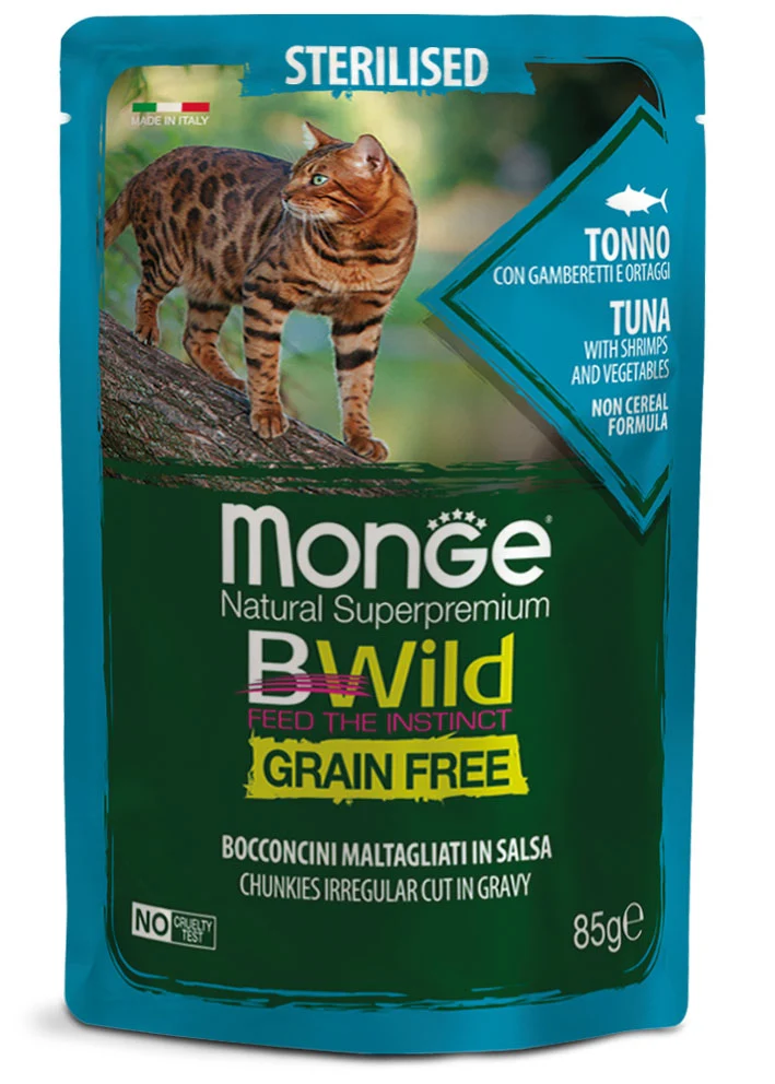 14x85g Monge BWild Grain Free Sterilised Tonno Gamberetti Ortaggi - Umido Gatto