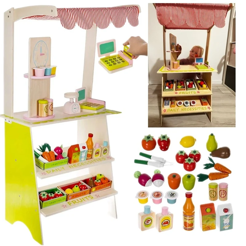 Banco del mercato Giocattolo, Gioco frutta verdura supermercato in Legno per Bambini