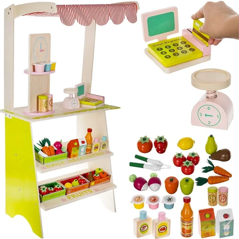 Banco del mercato Giocattolo, Gioco frutta verdura supermercato in Legno per Bambini