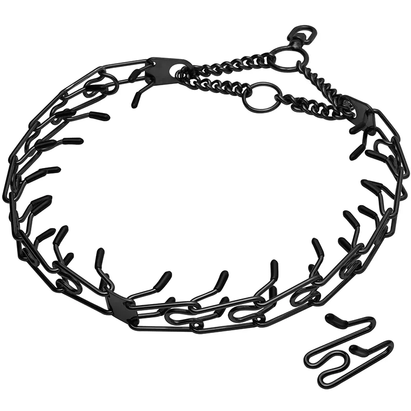 Metal Dog Training Prong Collar Removable Black Pet Link Chain Adjustable Stainless Steel Spike Necklace with Comfort Rubber Tip