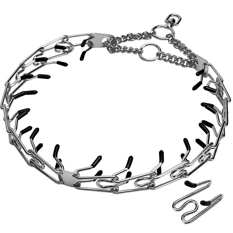 Metal Dog Training Prong Collar Removable Black Pet Link Chain Adjustable Stainless Steel Spike Necklace with Comfort Rubber Tip